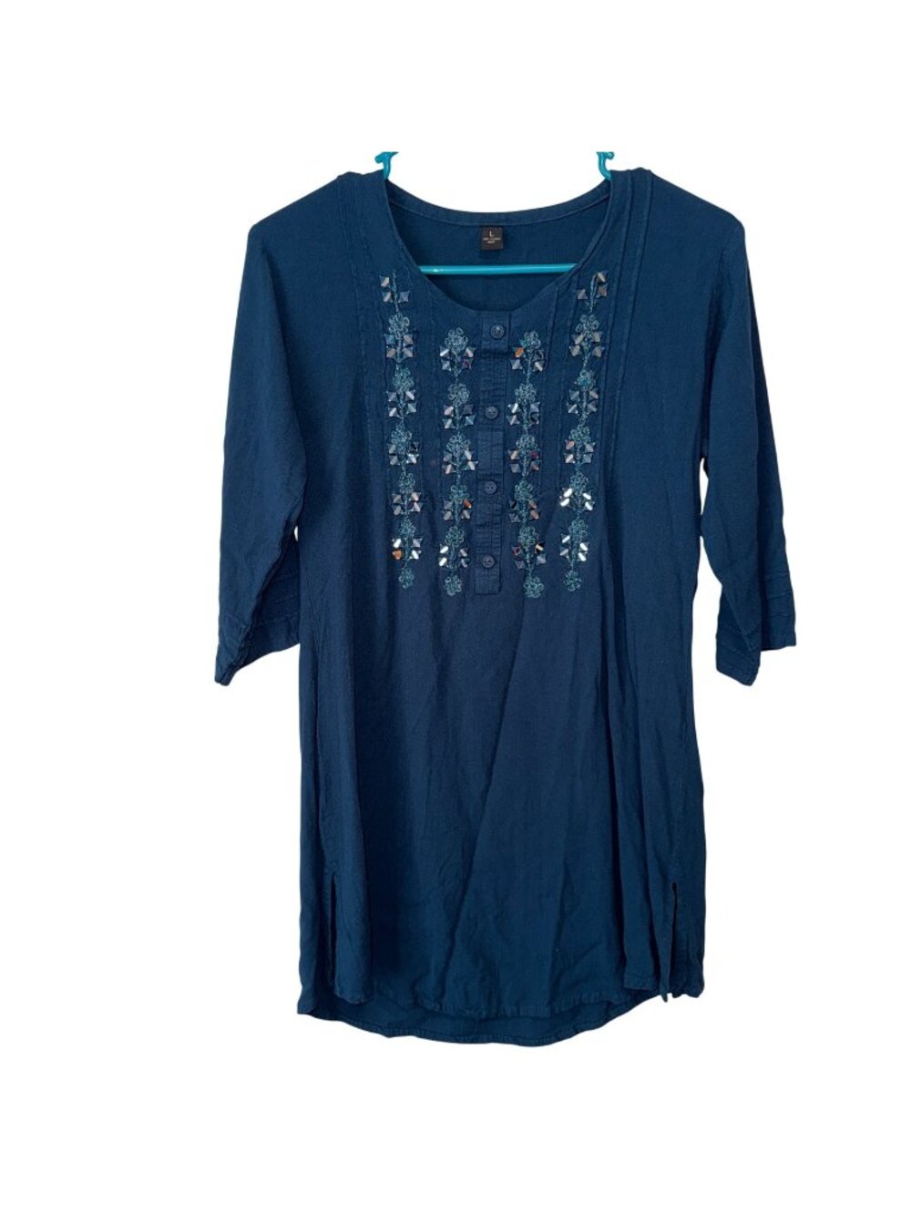 Blue Embroidered 3/4 Sleeve Tunic Top Large